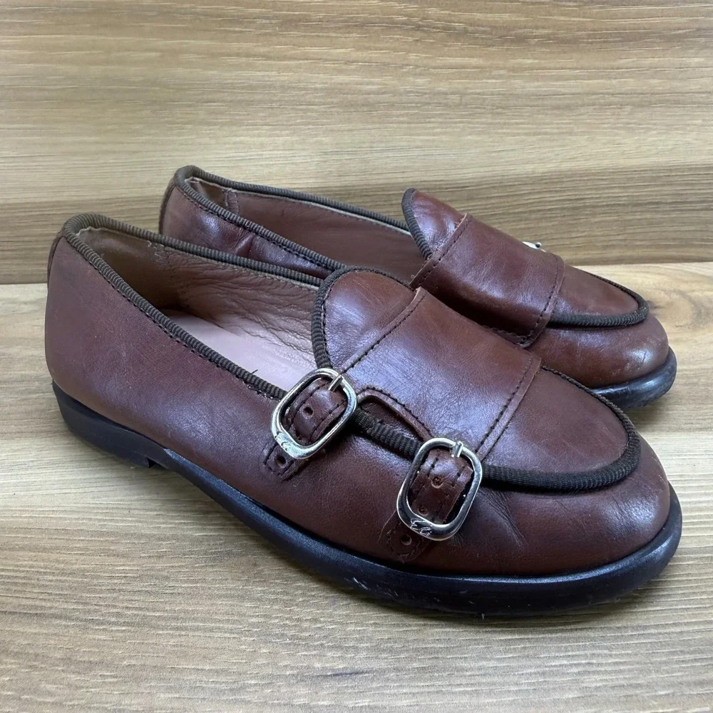 Papanatas Toddler Kids 9.5 10 EU 26 Brown Soft Leather Double Monk Strap Slip On